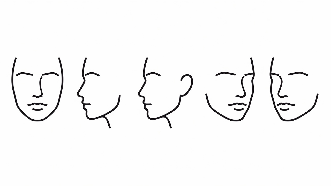 Flat vector grid of five face outlines showing front, left profile, right profile, three-quarter and detail reference angles