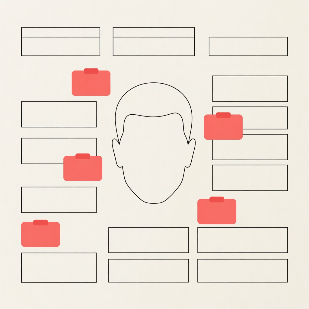 Flat vector continuity sheet with a face outline, scene number boxes and coral notes on ivory paper