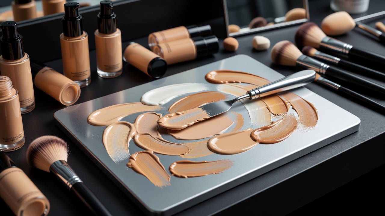 Photograph of several foundation swatches mixed on a steel palette with a palette knife on a makeup station