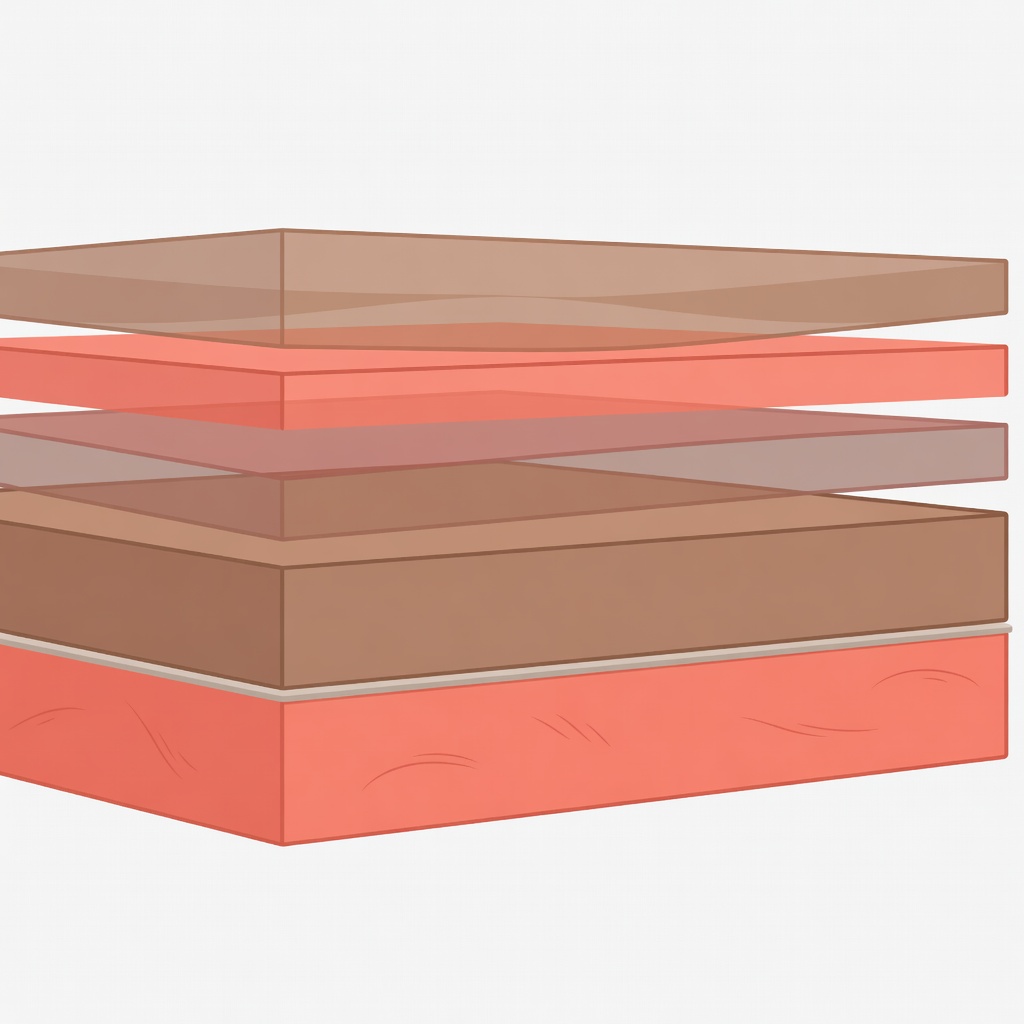 Flat vector cross-section of skin, adhesive, prosthetic appliance and translucent colour layers in coral and brown