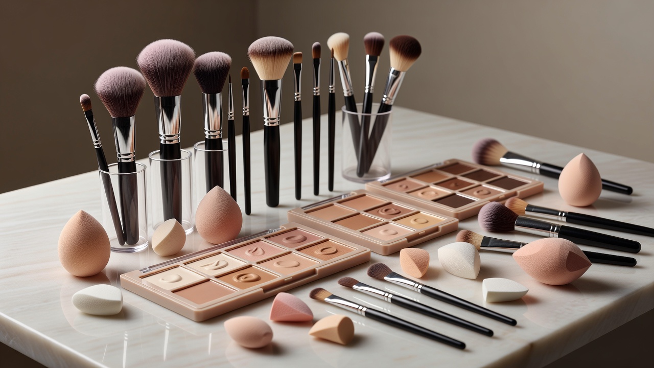 Photograph of makeup brushes, cream palettes and sponges arranged on a makeup station table