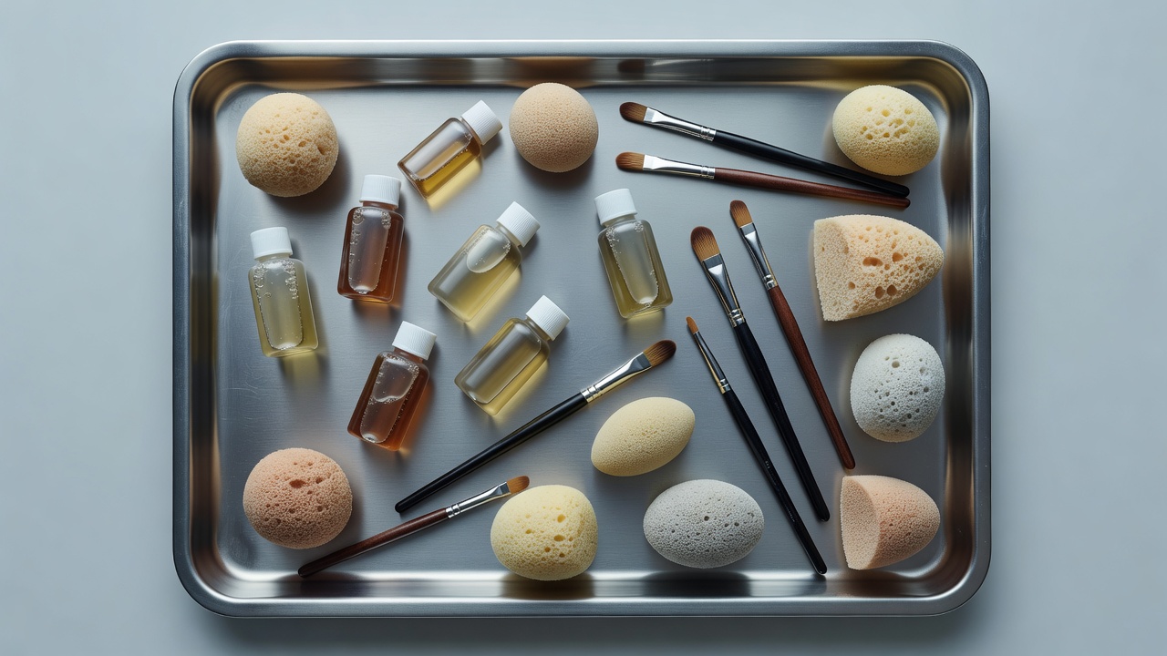 Photograph of adhesive bottles, stipple sponges and small brushes laid out on a metal tray