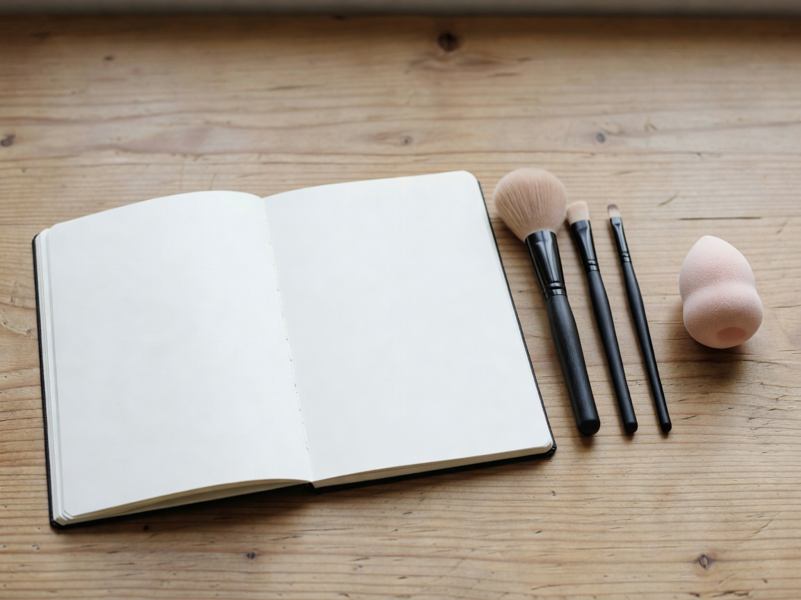 Photograph of an open continuity notebook beside clean makeup brushes and a sponge on a wooden table